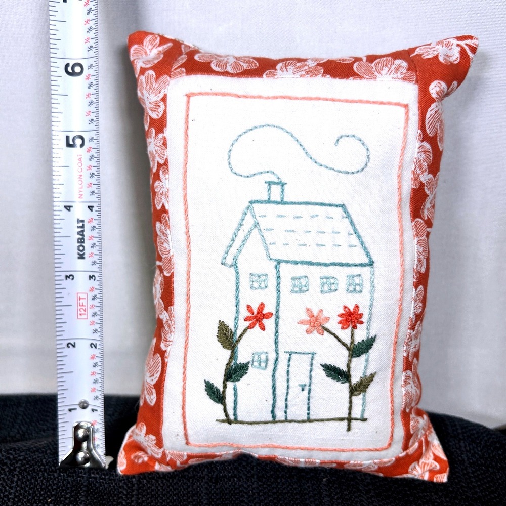 Handmade Embroidered Cottage House Mini Accent Pillow